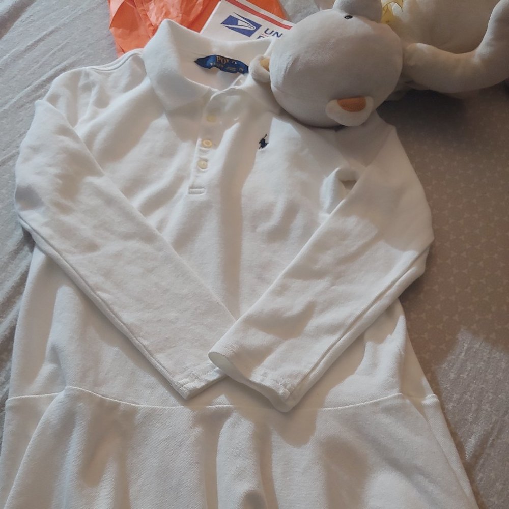 POLO (girl's) DRESS -Off White Size 6x-  ** LONG SLEEVES ** with Navy Blue Logo
